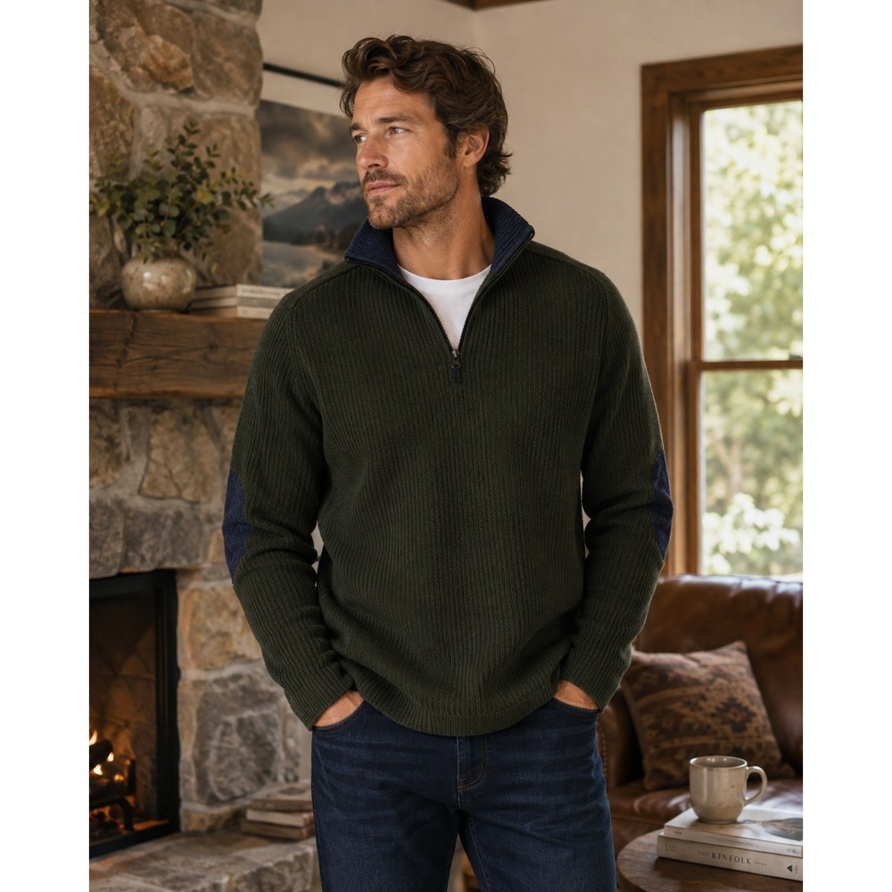 Banana Republic Sweater Mens XL Green Quarter Zip Elbow Patch Wool Cashmere